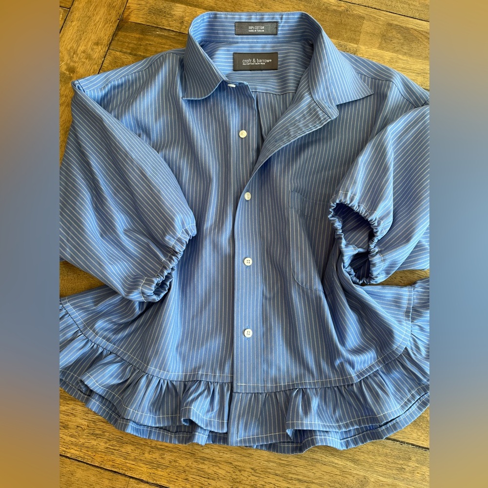 Up-cycled Woman’s Blue and White Striped Ruffle Button Up Shirt
